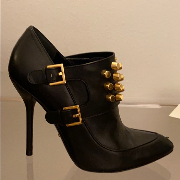 Gucci Black Leather Gold Studded Ankle Booties - Picture 2 of 6